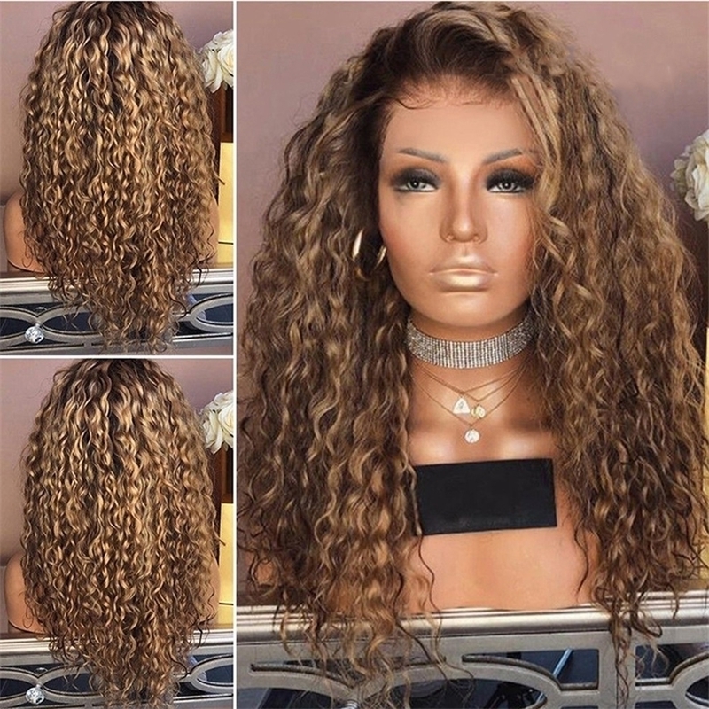 

lace Small female front long curly hair middle split explosive chemical fiber head set whole wig, Cx478