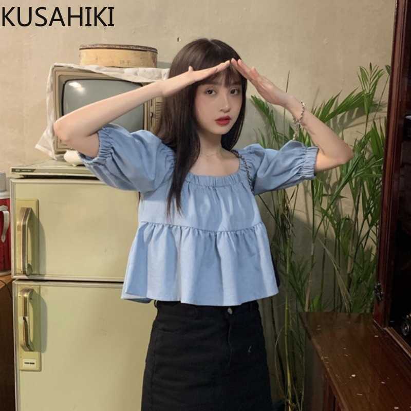 

KUSAHIKI Faux Demin Short Doll Shirt Korean Square Collar Puff Short Sleeve Blouse Spring Summer Blusas Feminimo 6F418 210602, Blue