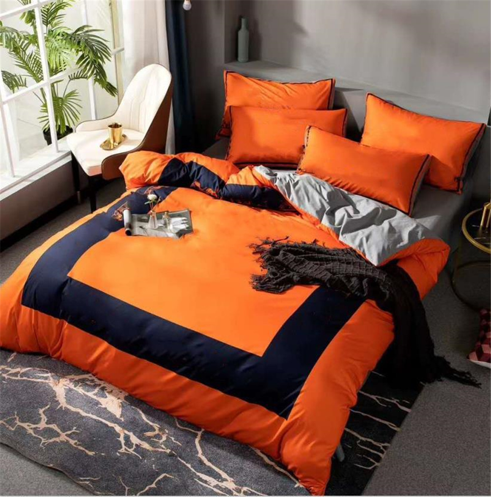 

Fashion king size designer bedding set covers 4 pcs printed cotton orange duvet cover luxury  bed sheets with Pillowcase high quality