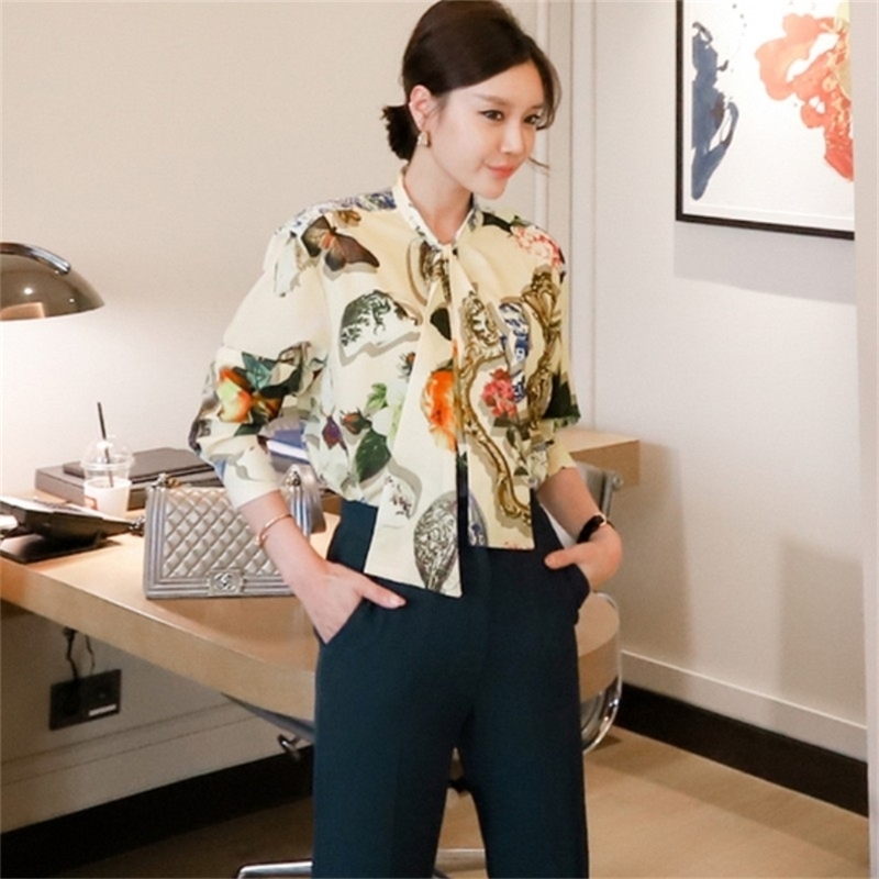 

Korea Designer Elegant Office Ladies Blouse Women Print Bow Collar Long Sleeve chiffon Shirt Top Female women Clothing 210519, Photo color