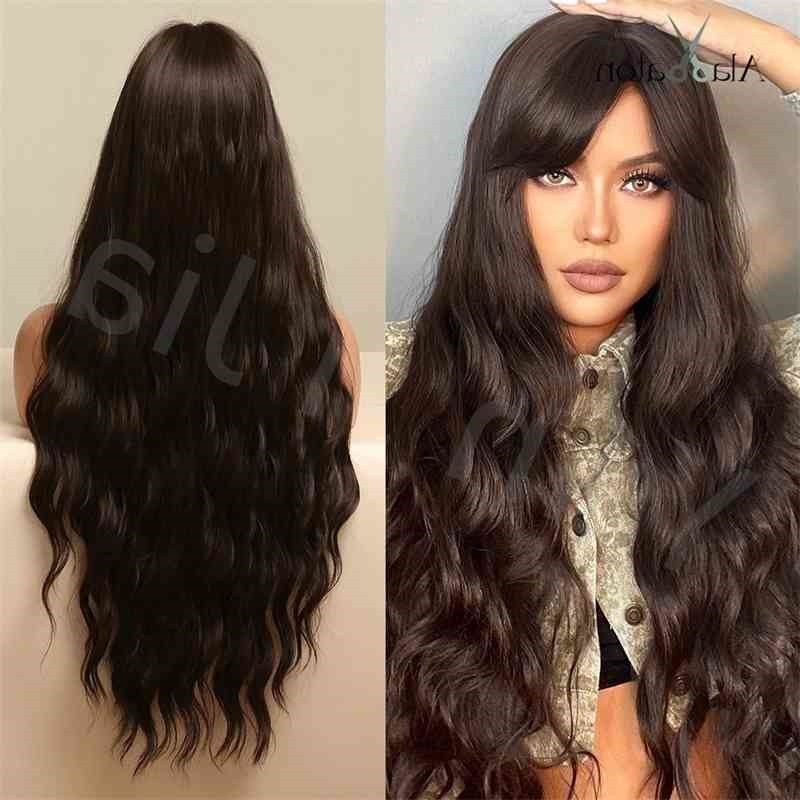 

brown black Wind synthetic long hair with bangs wavy curly wig female, Ombre color
