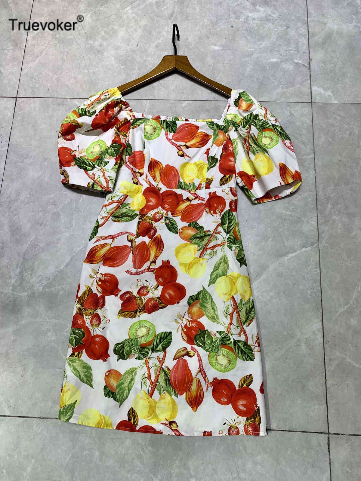 

Truevoker European Runway Trends Cottagecor Cotton Dress Lady Square Collar Blue Fruit Print Resort Cute Wedding Party Robe 210602, White