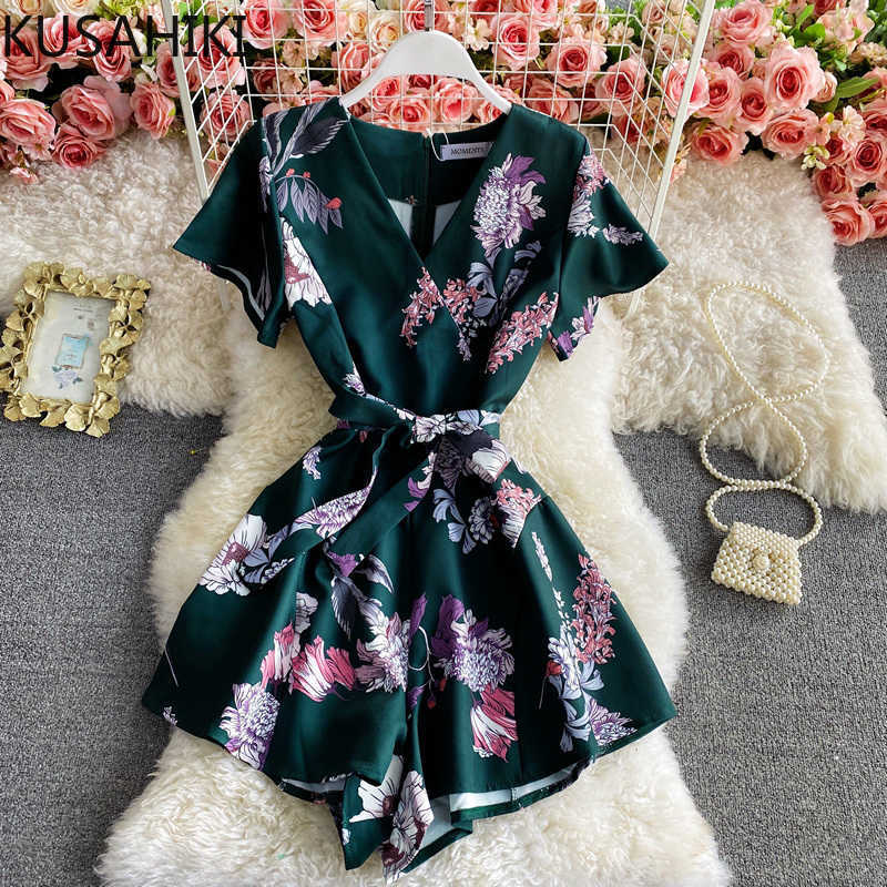 

Playsuits Women Summer Vintage Printing Rompers Causal Bow Bandage Slim Waist Wide Leg Shorts Bodysuits 6F229 210603, Pink
