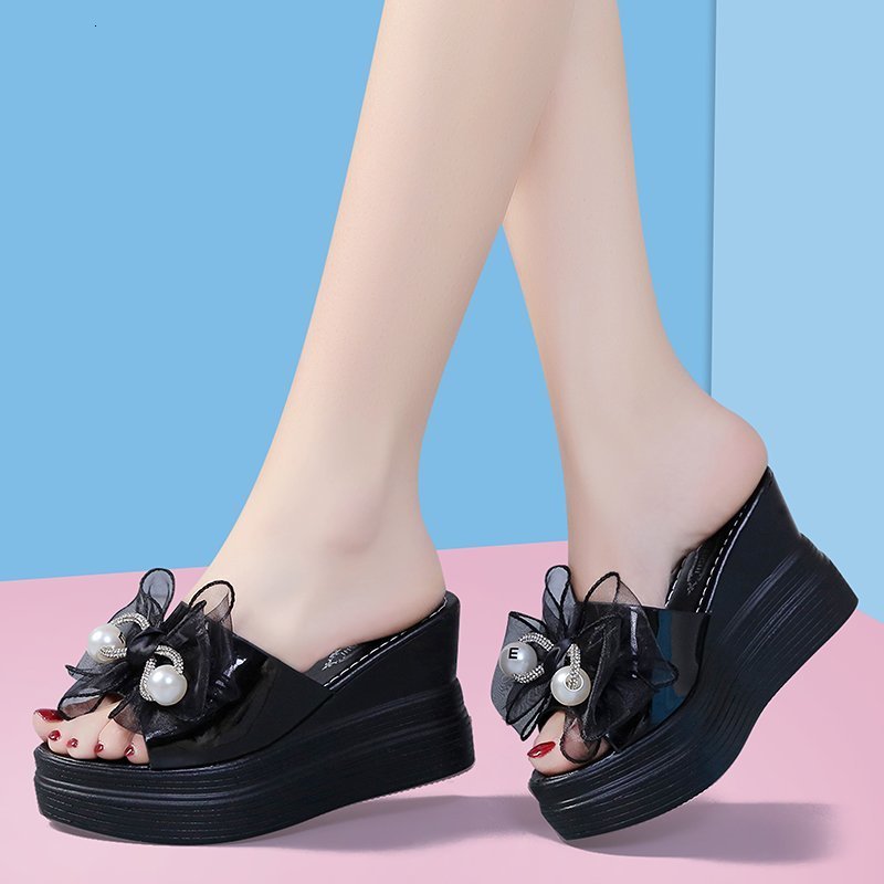

dress shoes wedge slippers women for summer open toe high heels sandals white bow-knot pearl shoes platform qo2t, Black