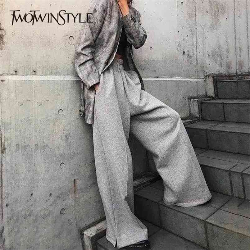 

Korean Wide Leg Pants For Women High Waist Elastic Button Split Gray Women's Trousers Plus Thick Autumn Winter 210521