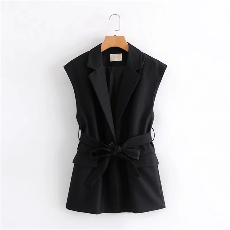 

Elegant Women Fashion Black A Buckle Belt Vest Coat Vintage Lapel Sleeveless Outerwear Female Chic Tops 210520