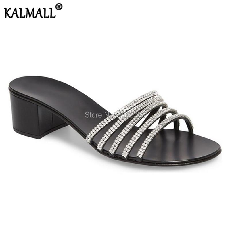 

Slippers KALMALL Crystals Gleam Luxury Summer Shoes Female Glitter Thin Leather Straps Slides Mid Block Heel Sandals Rhinestone, Black