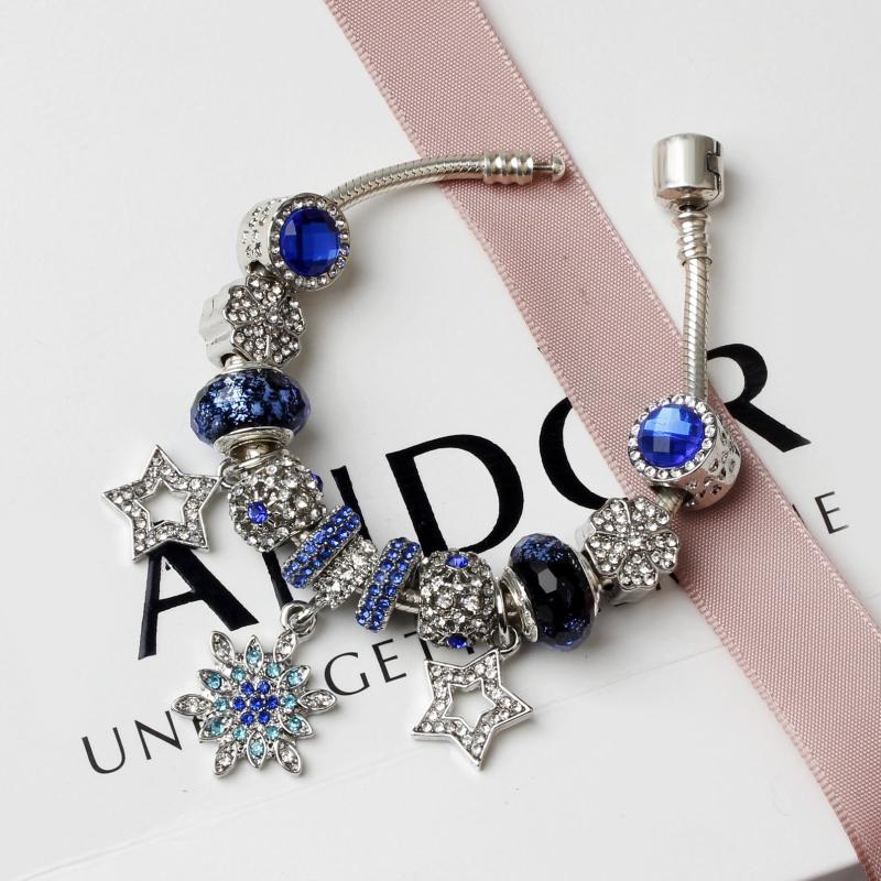 

Charm Bracelets Fit Pandoras 925 Silver Blue Star Snowflake Crystal Pendant Bracelet DIY Jewelry Beads Cat Eye For Holiday Gifts