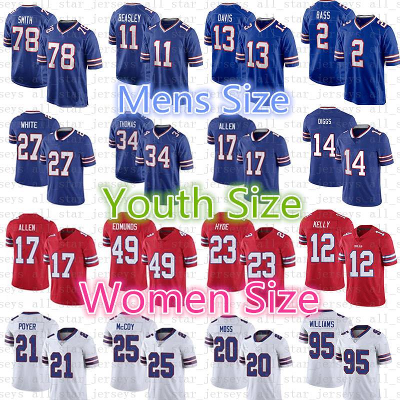

17 Josh Allen Stefon Diggs Football Jersey Dawson Knox 88 Tre'Davious White Cole Beasley Gabriel Davis Emmanuel Sanders Matt Milano Rousseau Zack Moss Thurman Thomas, Youth size s-xl (bier)