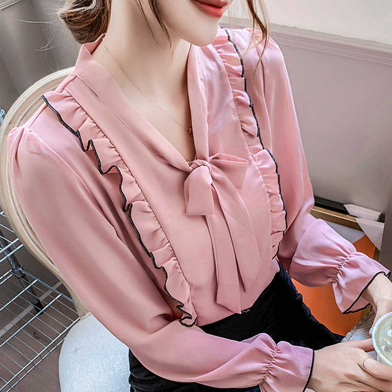

Blusas Mujer De Moda Blouse Women Ruffles Bow V-neck Chiffon Blouse Shirt Long Sleeve Women Shirts Tops Blusas Blusa D477 210602, Pink
