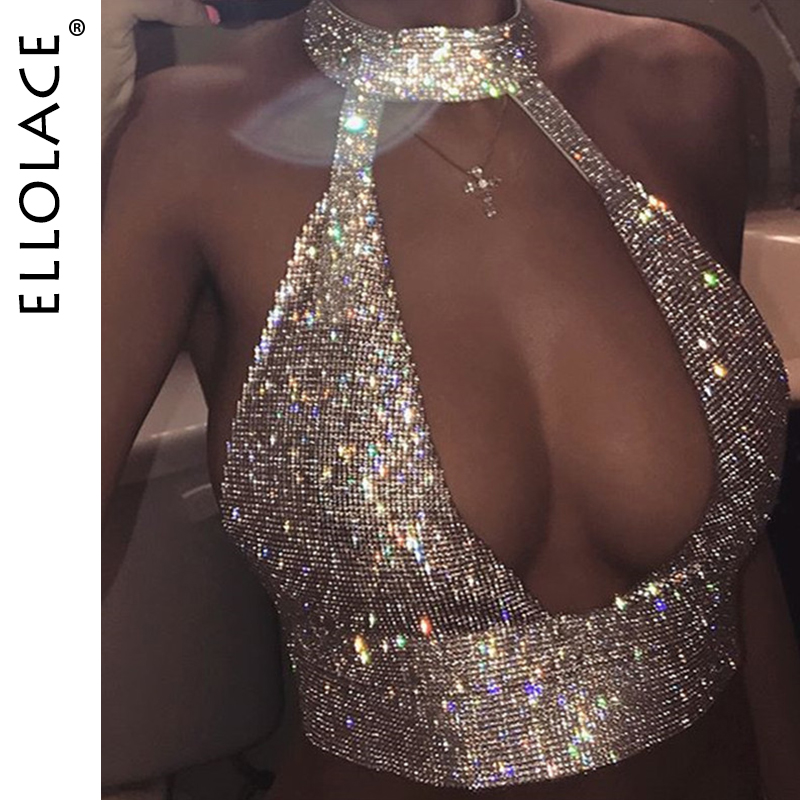 

Brilliant Rhinestone Backless Party Crop Top Women Summer Halter Neck Night Club Diamonds Metal Tank Tops, Red