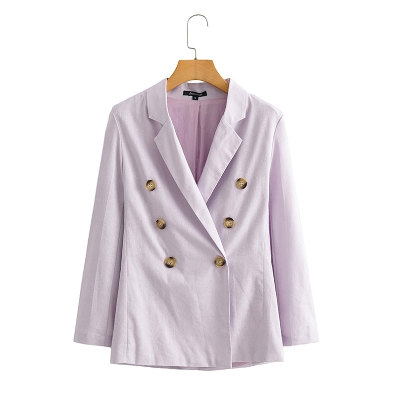 

Women casual blazer Spring Autumn light purple double breasted V-neck long sleeve jacket coat 210524, Lavender