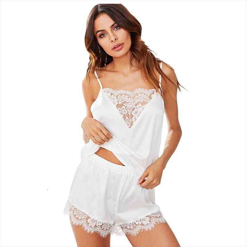 

Two Pieces Set Womens Pajama Shorts Suit Lace Underwear Pijama Sexy Lingerie Camisoles Tanks Nighty Ladies Loungewear Homewear, Black;red