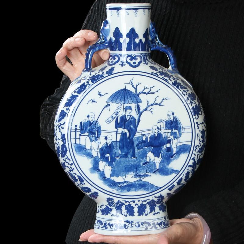 

Jingdezhen Porcelain Double Ear Flat Vase Blue And White Decoration Living Room Porch TV Cabinet Chinese Style Vases