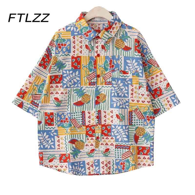 

Women Button Up Streetwear Shirts Summer Short Sleeve Vintage Printed Loose Blouse Woman Plaid Tops 210602, Beige