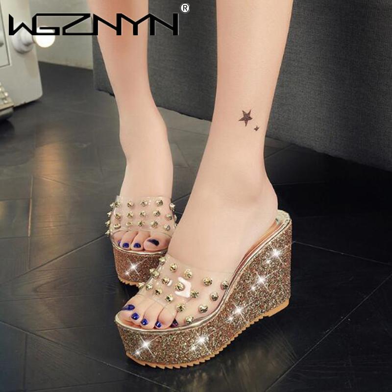 

Summer Wedges Sandals High Heels Beach Slippers Platform Rivet Sequins Flip Flops Women Shoes Sandalias Mujer, Black