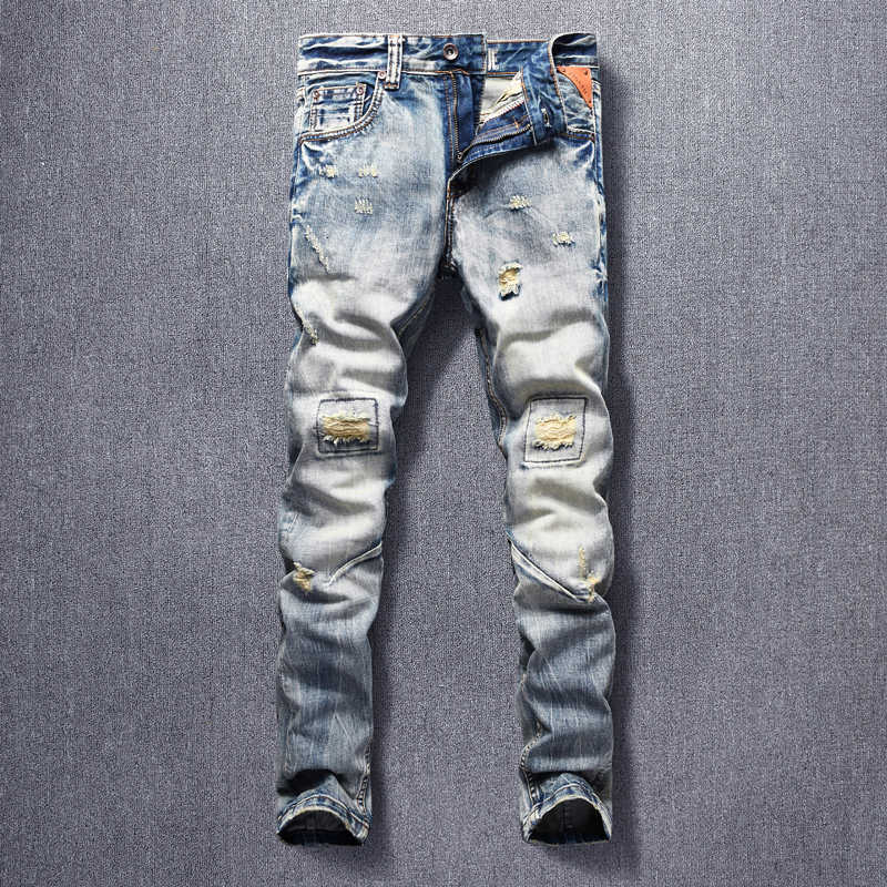 

Fashion Streetwear Men Jeans High Quality Retro Slim Fit Ripped Vintage Designer Destroyed Hip Hop Denim Pants Hombre XKWF, Retro color