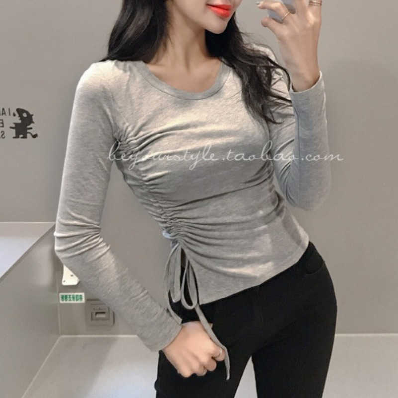 

WOMENGAGA Korea Spring Summer Top Base Women's Slim Sexy Mesh Elegant Lace Up Drawstring Long Sleeve T-shirt Tees 3BBO 210603, Gray