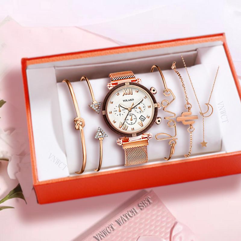

Wristwatches 6pcs Set Women Watches Magnetic Starry Sky Female Clock Quartz Wristwatch Fashion Ladies Wrist Watch Relogio Feminino, Slivery;brown