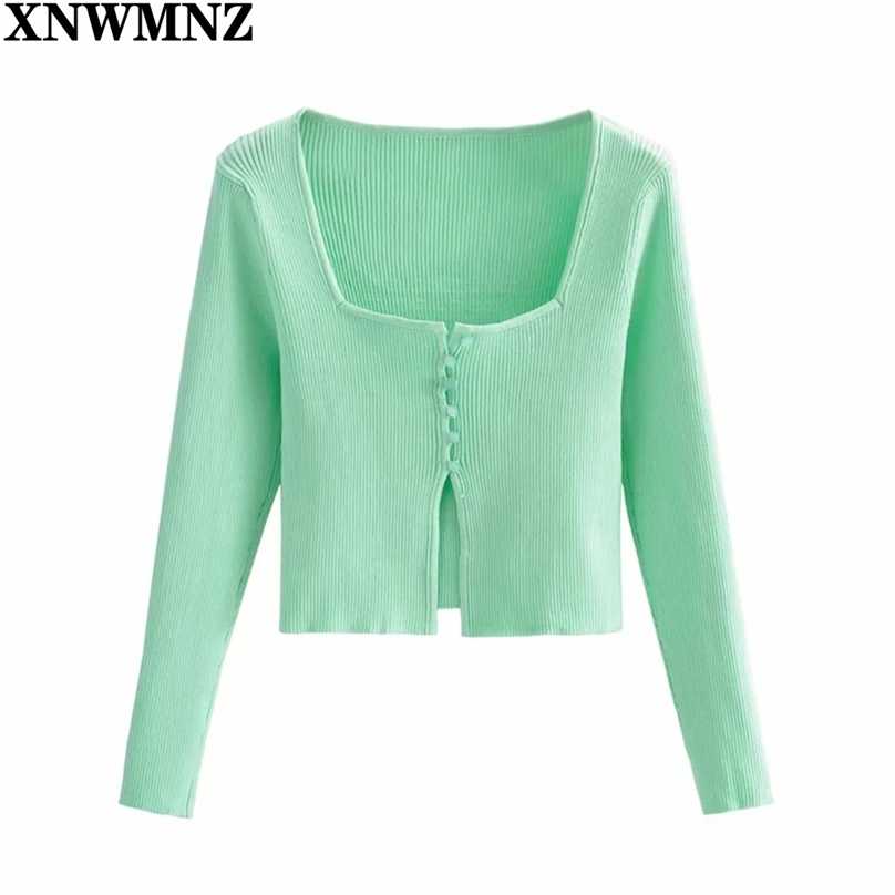 

Women Sexy Fashion Cropped Knitted Cardigan Sweater Vintage Square Collar Long Sleeve Female Outerwear Chic Tops 210520, Mint