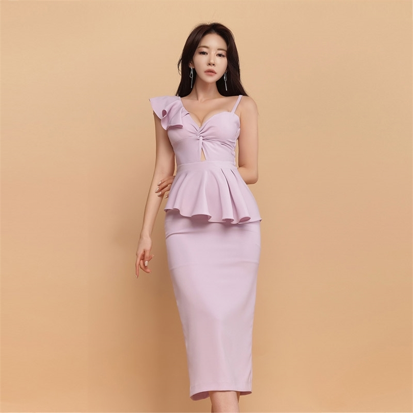 

Pink midi Dress for wome Summer ruffle Sleeveless Sling V neck cotton ladies Sexy Club bodycon Dresses 210602