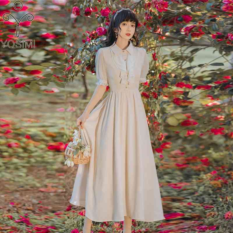 

YOSIMI Vintage Beige Ruffle Chiffon Shirt Dres Elegant Summer A-Line Mid-calf Fit and Flare Short Sleeve Party 210604