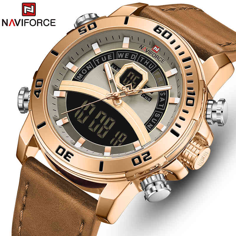 

NAVIFORCE Luxury Brand Military Watches Men Leather Waterproof Quartz Wristwatch Chronograph Clock Male Fashion Sports Watch 210517, Rose gold