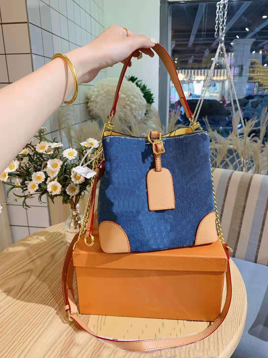 

Female Bucket Bag Tote Cowboy Alar Blue Handbag Quality Color Matching Single Shoulder Girls Women Handbags Messenger Bags Woman Purses, Customize