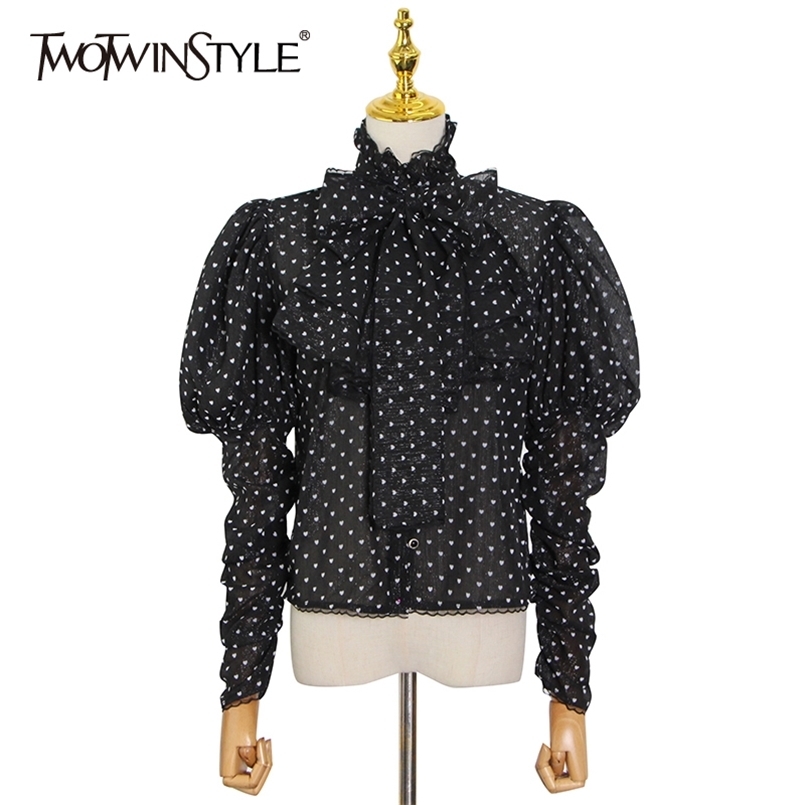 

Temperament Print Dot Shirt For Women Stand Collar Puff Long Sleeve Lace Up Elegant Blouse Female Spring 210524, White