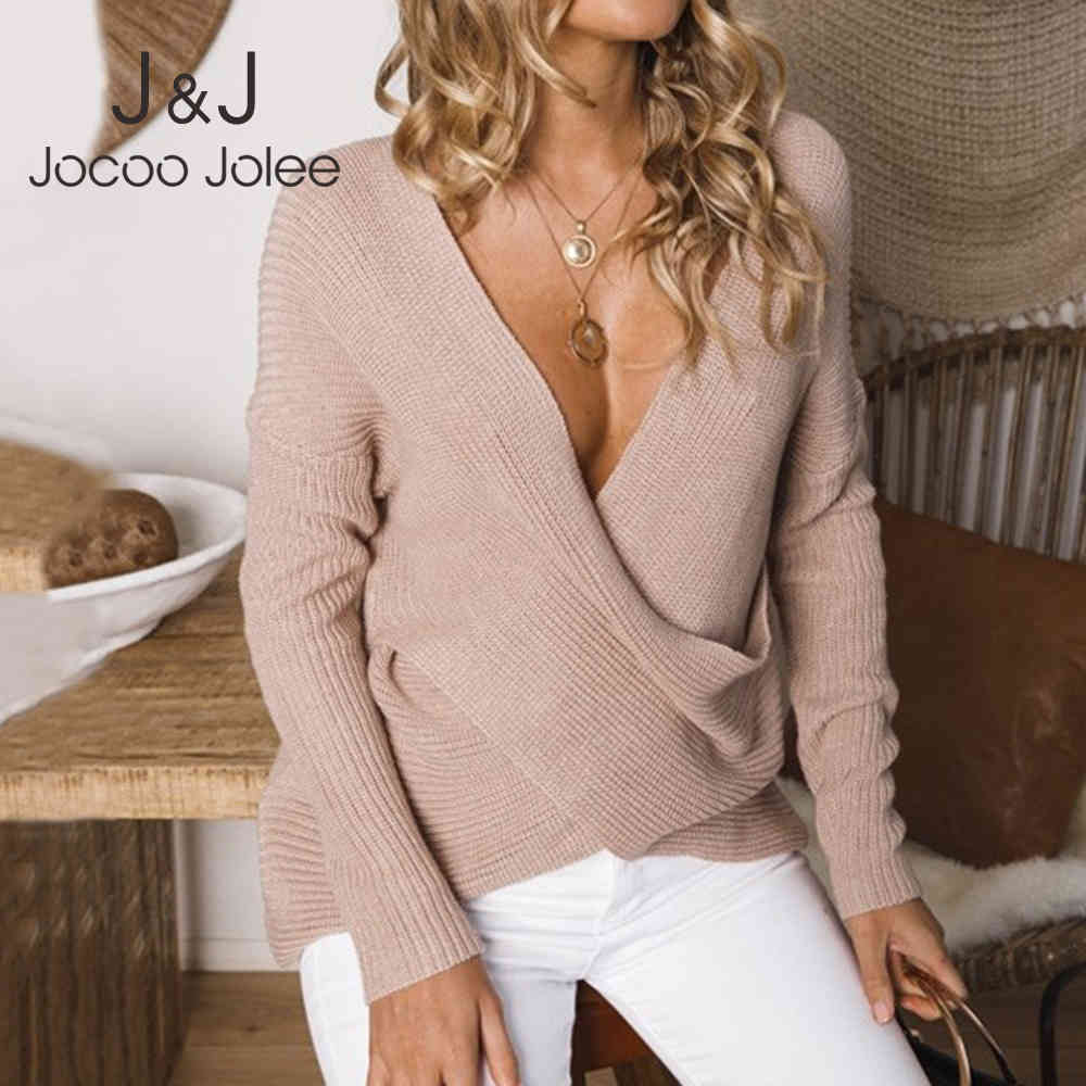 

Jocoo Jolee Women Sexy Autumn Crosses Knitted Sweater Vintage Solid Long Sleeve Slim Pullover Casual Pull Femme Jumper Tops 210518, As photo