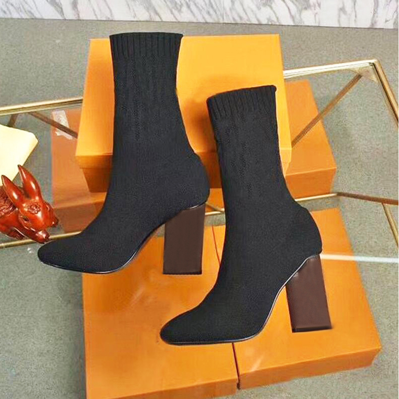 

autumn winter socks heeled heel boots fashion sexy Knitted elastic boot designer Alphabetic women shoes lady Letter Thick high heels Large size 35-42 us5-us11 With box, Style 1