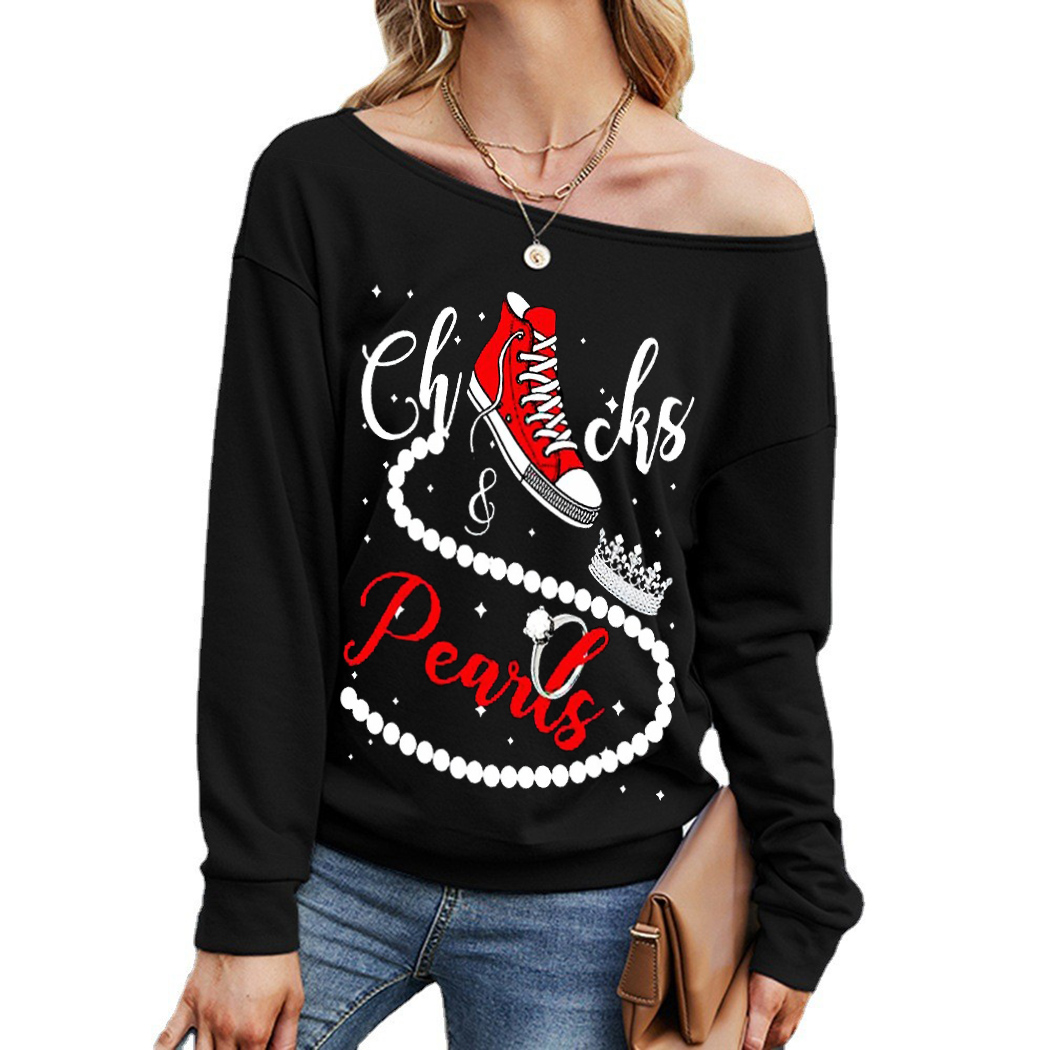 

Autumn Winter Thick Sweatshirts Skew Collar Pattern Letter Printing Off-Shoulder Hoodies Casual Loose Long Sleeve Tops Pullovers, Black 1