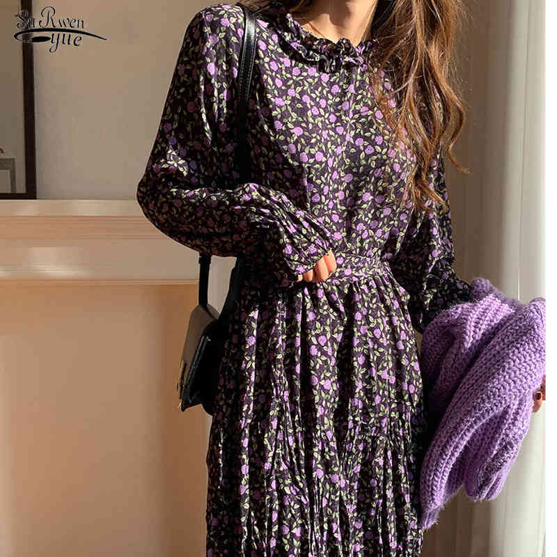 

Vintgae High Waist Pleated Dress Purple Floral Print Chiffon Ruffled Midi Long es Flare Sleeve es 14153 210521, Picture