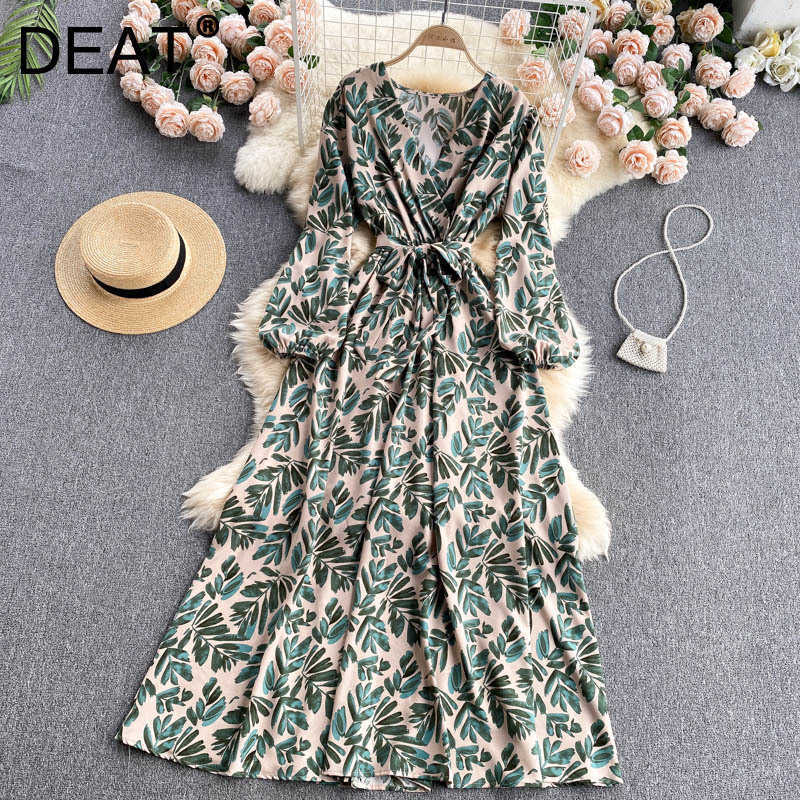 

DEAT Women Printing Dress V- Neck Lantern Sleeve Arrivals Lady Temperament Fashion Spring Autumn 11D 210709, Blue