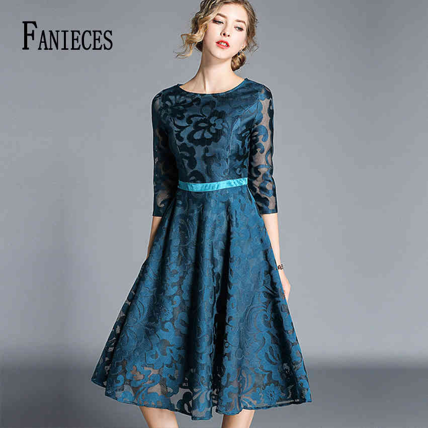 

Vintage Mid-Calf A-Line summer Dress Fashion Elegant 3/4 Long Sleeve Party Dresses Belted Slim Women Lace vestidos robe femme 210520, Ivory