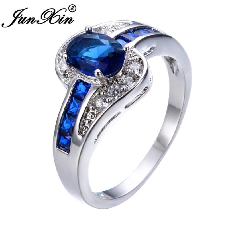 

Wedding Rings JUNXIN Unique Jewelry Blue Oval Zircon Stone Ring White Gold Filled Engagement For Women Men RW0375, Slivery;golden