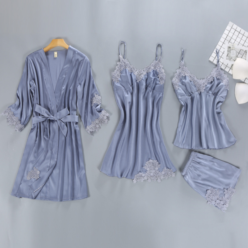 Satin Sleepwear Female with Chest Pads Sexy Women Pajamas Lace Slik Sleep Lounge 4 Pieces Sets Elegant Ladies Indoor Clothing-image-708495621