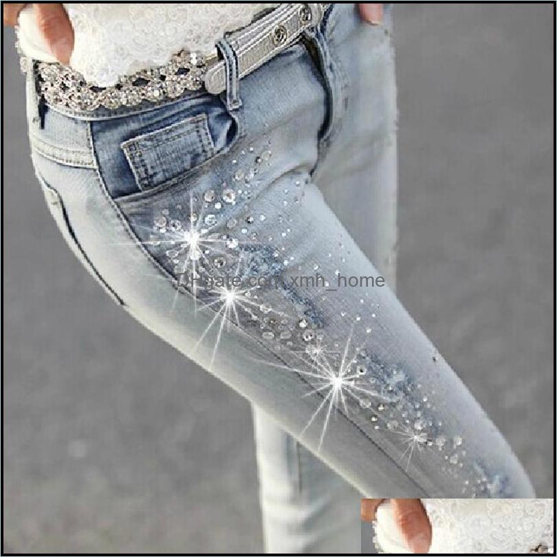 

Pants Wear Athletic Outdoor Apparel Sports & Outdoors Diamond Born Gat Pencil Women Jeans Ripped Met Strass Denim Broek Woman Drop Delivery, Blue