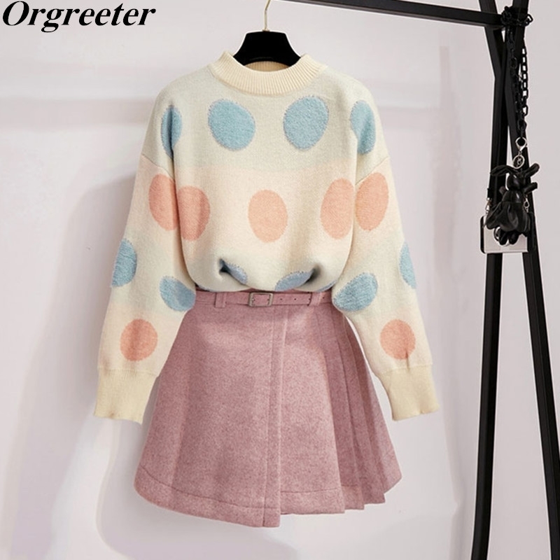 

Sweet Candy color Dots O-neck Long-sleeved Loose Warm Sweater Two piece Belt Woolen Pleated Pink Mini Skirt Sets Women 210525, Only skirt