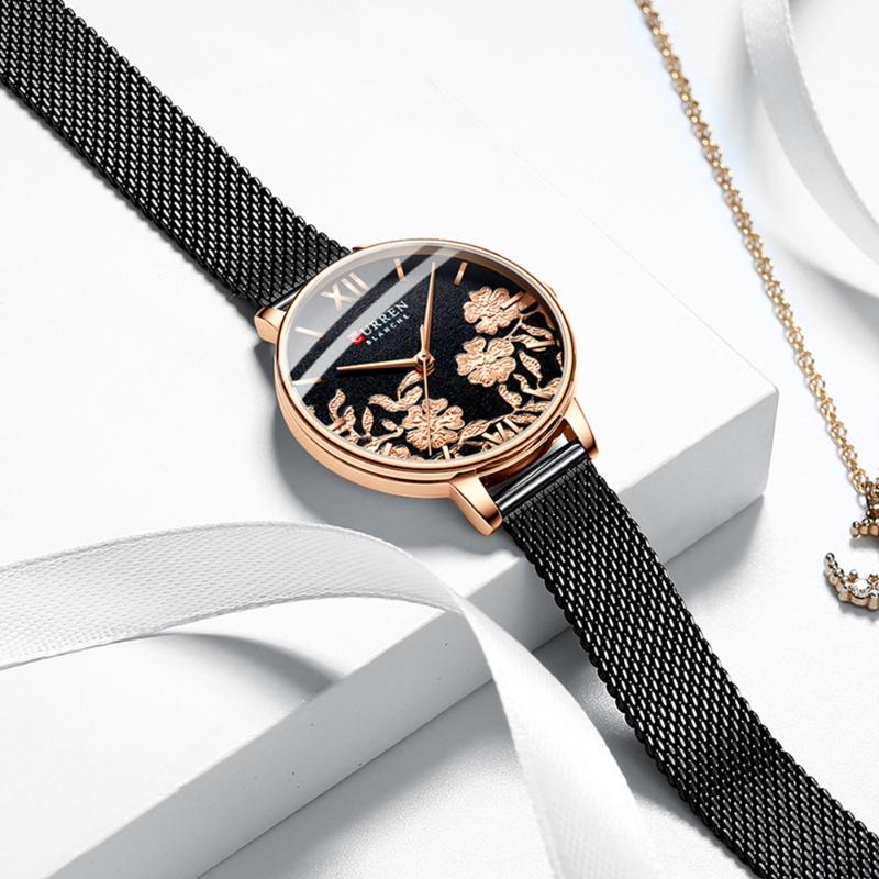 

Wristwatches CURREN Elegant Woman Watches Beautiful Flower Dial Quartz With Stainless Steel Band Casual Female Clock, L-khaki