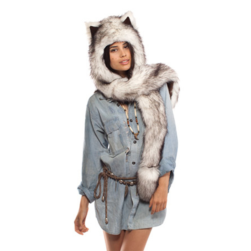 

Winter European and American imitation fur hats plush animal zebra pattern hats cute cartoon hats scarf gloves a piece, Blue;gray