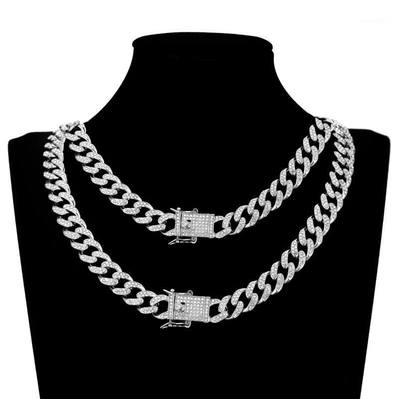 

Chains 13mm Miami Prong Cuban Chain Link Silver Color Necklaces 2 Row Full Iced Out Rhinestones Bracelet Set For Mens Hip Hop