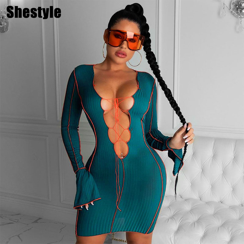 

Shestyle Green Dress Women Deep V Neck Criss Cross Flare Long Sleeve Texture Sexy Clubwear Party Night Garment Sheath BodyconFree shipping b, Black;white