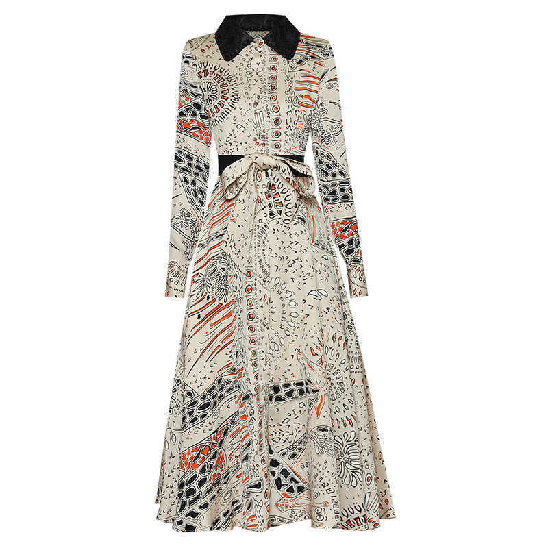 

EXCELLENT QUALITY est Designer Runway Long Sleeve Retro Printed Belted Mid-calf Dress 210526, Red
