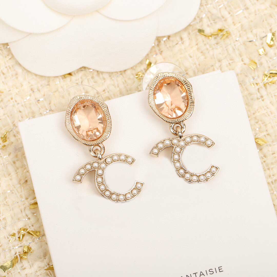 

Top quality stud earring with light pink color crystal and pearl beads for women wedding engagement jewelry gift have box stamp PS3232A, Golden