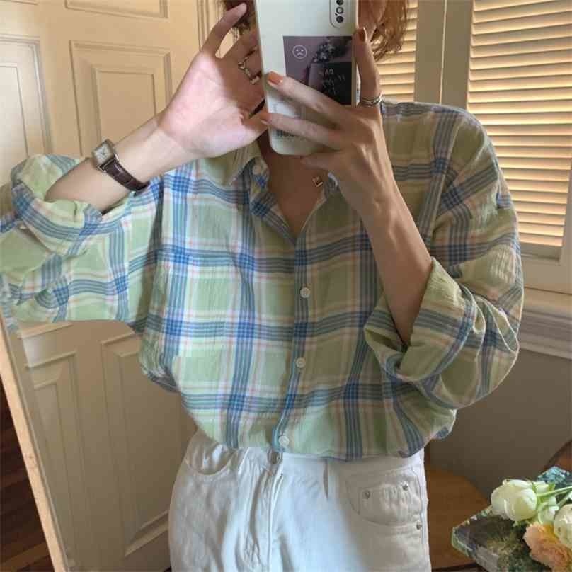 

Vintage Plaid Lady Lapel Oversize All Match Retro Stylish Chic Loose Gentle Casual Korean Tops Shirts 210525, Photo color