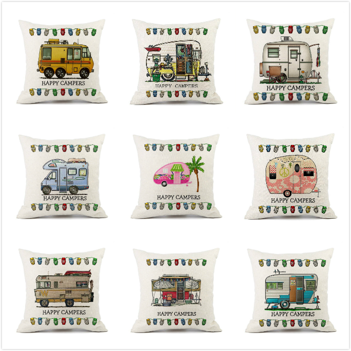 

Happy Campers Pillow Case Cartoon Campers Caravan Dining Car Christmas Linen Pillow Covers Cushion Cover for home hotel 45*45cm EEC2694, As picture