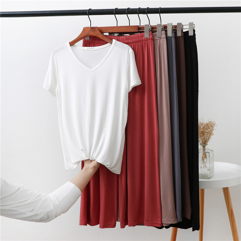 

20212 piece set modal homewear for women solid color loose pajamas 2021 short sleeve t shirt and pants autumn home clothes for women, Black;red