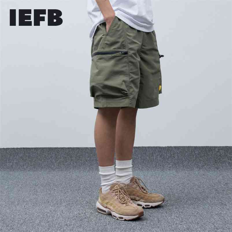 

IEFB /men's wear summer casual overalls loose big size color block patchwork zipper pocket trousers men's shorts 9Y1079 210720, Army green