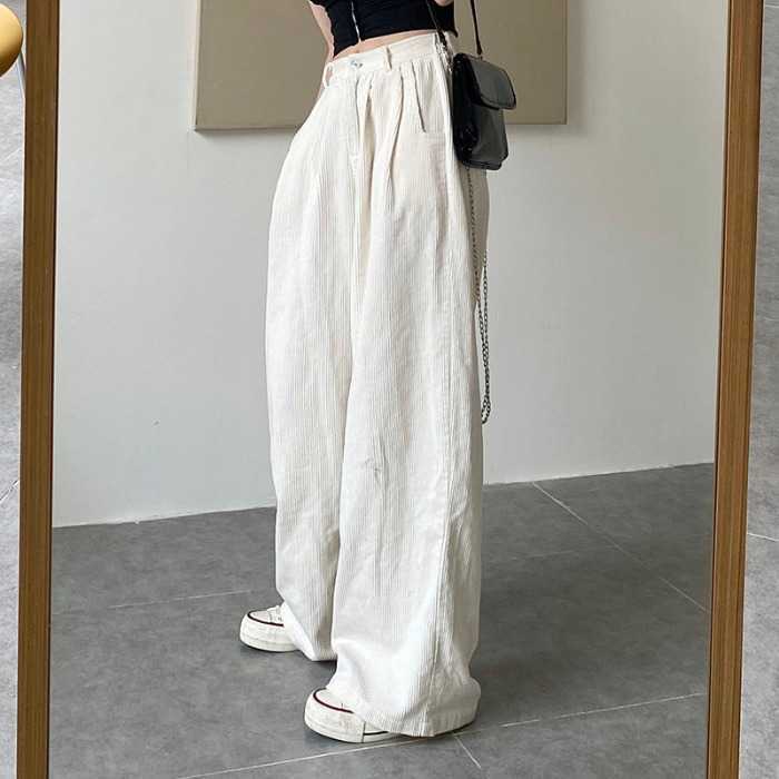 

White Corduroy Wide Leg Pants for Women All Match Loose Straight High Waist Drape Casual Trousers 210615
